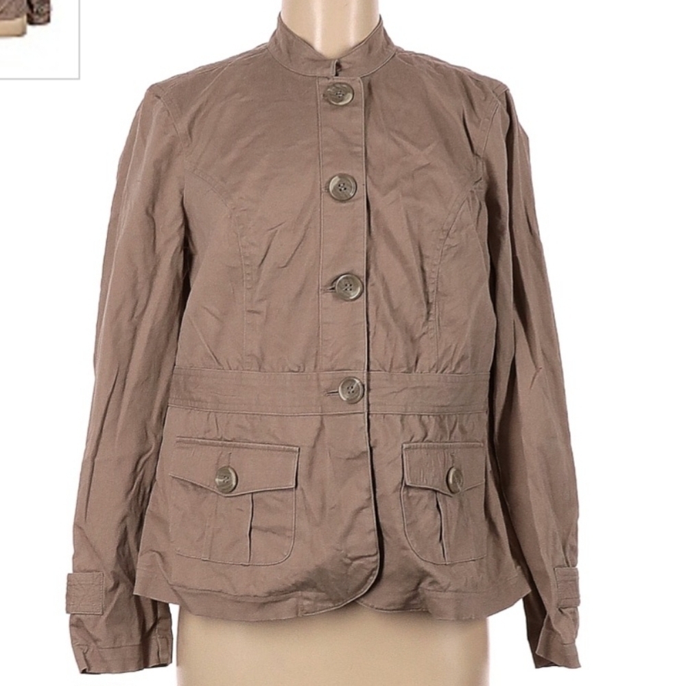 Christopher & Banks Tan Khaki Jacket Women's Medium M Mock Neck Big Buttons EUC